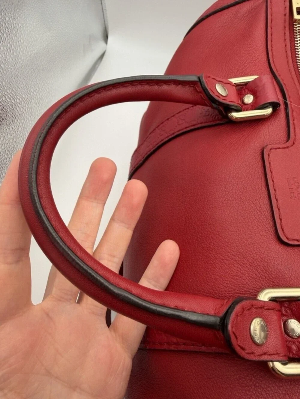 ❤️ Authentic Gucci Red Joy Boston Bag Guccissima Vertical Leather Trim GG Strap